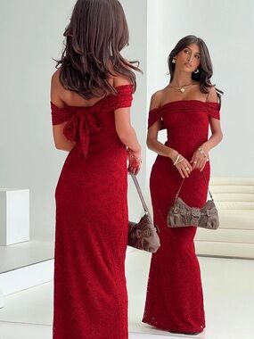 Princess Polly Red Off-Shoulder Lace Maxi Dress